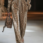 【24-hour shipping out】Casual Loose Vintage Velvet Leopard Print Zipper Hooded Jumpsuit