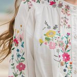 Cotton and Linen Floral Embroidery Long Sleeve Shirt