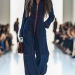 Casual Loose Retro Red Topstitched Denim Wide Leg Long Sleeve Jumpsuit