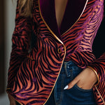 Casual Loose Vintage Velvet Zebra Pattern Gold Wire Striped Lapel Pocket Blazer
