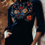 Elegant Stand Collar Embroidery Velvet Long Sleeves Top