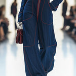 Casual Loose Retro Red Topstitched Denim Wide Leg Long Sleeve Jumpsuit