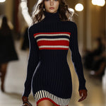 Retro French Elegant Fashionable High Collar Red And White Striped Dress