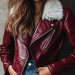 Women's Vintage Fur Collar Zipper Leather Jacket