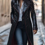Women's Retro Zipper Button Long Leather Coat