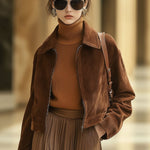 【24-hour shipping out】Casual Loose Solid Color Suede Zipper Pocket Short Jacket