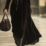 V-Neck Lace Panel Solid Velvet Long-Sleeved Maxi Dress