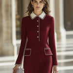 【24-hour shipping out】High-End Retro Luxury Contrast Hem Lapel Dress