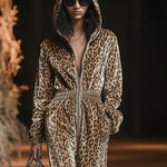 【24-hour shipping out】Casual Loose Vintage Velvet Leopard Print Zipper Hooded Jumpsuit