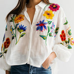White Embroidered Cotton and Linen Long Sleeve Blouse