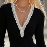 【24-hour shipping out】Elegant and Simple Stitching Lace Edge Black Knitted Mini Dress