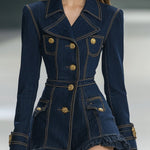 【24-hour shipping out】Classic and Playful Large Lapel Ruffled Hem Waist Denim Mini Dress