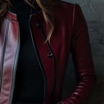 Women's Retro Contrast Color Stand Collar Leather Coat