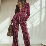 Casual Loose Retro Pink Velvet Leopard Print Elastic Waist Zipper Hooded Jumpsuit