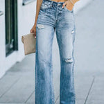 Stretch Washed Ripped Wide-leg Jeans