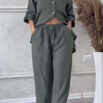 Casual solid color cotton and linen pants two-piece set