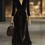 【24-hour shipping out】V-Neck Retro Solid Color Belted Velvet Long-Sleeved Maxi Dress