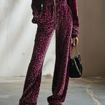 【24-hour shipping out】Casual Retro Purple Velvet Leopard Print Elastic Waist Zipper Hooded Jumpsuit