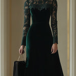【24-hour shipping out】Elegant Retro Velvet Stitching Lace High Collar Long Sleeve Midi Dress