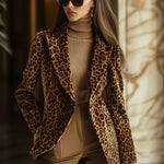 Casual Vintage Velvet Leopard Print Lapel Pocket Blazer