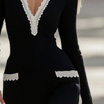 【24-hour shipping out】Elegant and Simple Stitching Lace Edge Black Knitted Mini Dress