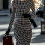 【24-hour shipping out】Retro Elegant High-End Round Neck Houndstooth Dress