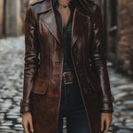 Women's Vintage Lapel Button Leather Long Jacket