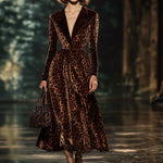 【24-hour shipping out】Lapel Fashion Party Leopard Print Velvet Long Sleeve Midi Dress