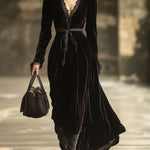 V-Neck Lace Panel Solid Velvet Long-Sleeved Maxi Dress