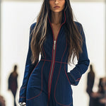 Casual Loose Retro Red Topstitched Denim Wide Leg Long Sleeve Jumpsuit
