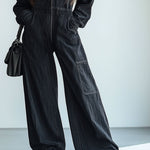 【24-hour shipping out】Casual Loose Retro Denim Zipper Elastic Waist Lapel Long Sleeve Jumpsuit