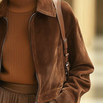 【24-hour shipping out】Casual Loose Solid Color Suede Zipper Pocket Short Jacket