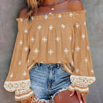 Vintage Tribal Placement Print Shirred Off Shoulder Flared Cuffs Blouse Casual Frill Trim Boho Top