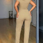CHICME Women's 2 Piece Set Skew Neck Slim Fit Top and Elastic Waist Flare Pants with Metal Detail