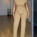 CHICME Women's 2 Piece Set Skew Neck Slim Fit Top and Elastic Waist Flare Pants with Metal Detail