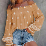 Vintage Tribal Placement Print Shirred Off Shoulder Flared Cuffs Blouse Casual Frill Trim Boho Top