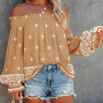 Vintage Tribal Placement Print Shirred Off Shoulder Flared Cuffs Blouse Casual Frill Trim Boho Top