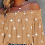 Vintage Tribal Placement Print Shirred Off Shoulder Flared Cuffs Blouse Casual Frill Trim Boho Top