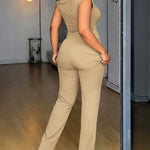 CHICME Women's 2 Piece Set Skew Neck Slim Fit Top and Elastic Waist Flare Pants with Metal Detail