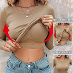 Women's Crewneck Long Sleeve Ribbed Knit Top Slim Fit Base Layer Shirt Soft Stretchy Casual Tee with Built-in Bra