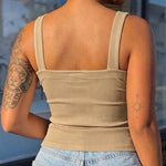 Women's Ribbed Knit Tank Top Square Neck Slim Fit Cami Top Adjustable Eyelet Strap Backless Top