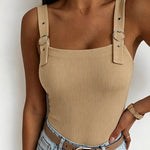 Women's Ribbed Knit Tank Top Square Neck Slim Fit Cami Top Adjustable Eyelet Strap Backless Top