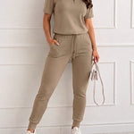 Women's 2-Piece Sporty Set Short Sleeve Half Zip Top and High Waisted Joggers Casual Lounge Outfit with Pockets