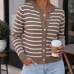 Women's Striped Knit Cardigan Casual Crewneck Button Down Sweater Vintage French Style Long Sleeve Top