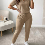 Women's 2-Piece Sporty Set Short Sleeve Half Zip Top and High Waisted Joggers Casual Lounge Outfit with Pockets