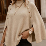 Women's Mock Neck Cape Knit Sweater Loose Old Money Style Pullover Side Slit Batwing Sleeve Winter Warm Cozy Top