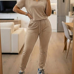 Women's 2-Piece Sporty Set Short Sleeve Half Zip Top and High Waisted Joggers Casual Lounge Outfit with Pockets