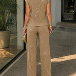 Women's Rhinestone Textured 2 Piece Outfits Mock Neck Cap Sleeve Ruched Top and Wide Leg Pants Set Casual Work Suit