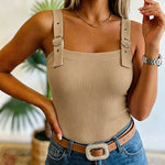 Women's Ribbed Knit Tank Top Square Neck Slim Fit Cami Top Adjustable Eyelet Strap Backless Top