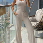 Women's 2 Piece Lace Trim Stripe Lounge Set Sleeveless Tank Top and Wide Leg Pants Set Rib Knit Pajamas Set with Pockets